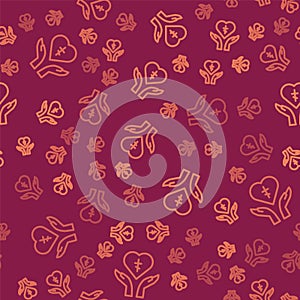 Brown line Religious cross in the heart inside icon isolated seamless pattern on red background. Love of God, Catholic
