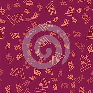 Brown line Satellite dish icon isolated seamless pattern on red background. Radio antenna, astronomy and space research