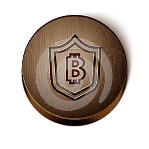 Brown line Shield with bitcoin icon isolated on white background. Cryptocurrency mining, blockchain technology, security