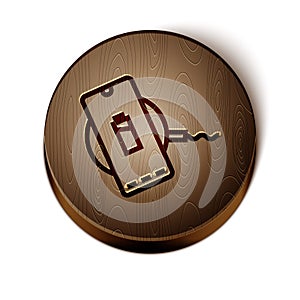 Brown line Smartphone charging on wireless charger icon isolated on white background. Charging battery on charging pad
