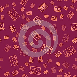 Brown line Software, web development, programming concept icon isolated seamless pattern on red background. Programming
