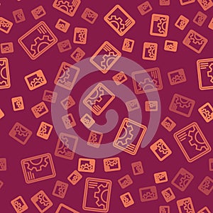 Brown line Software, web development, programming concept icon isolated seamless pattern on red background. Programming