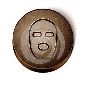 Brown line Thief mask icon isolated on white background. Bandit mask, criminal man. Wooden circle button. Vector