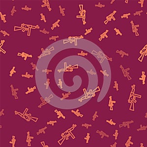 Brown line Thompson tommy submachine gun icon isolated seamless pattern on red background. American submachine gun