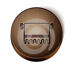 Brown line Towel on hanger icon isolated on white background. Bathroom towel icon. Wooden circle button. Vector