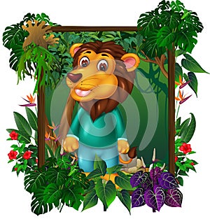 Brown Lion In Forest With Tropical Plant Flower In Wood Square Frame Cartoon