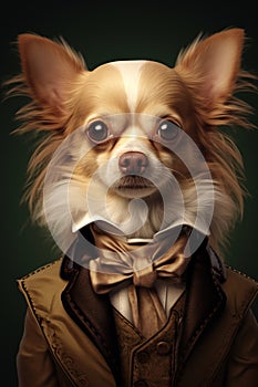 Brown long-haired chihuahua portrait in victorian era suit