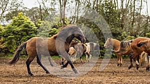 Brown Lusitano horse, galloping free on paddock