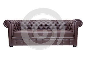 Brown luxurious leather office sofa isolated on white background, front view