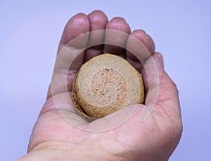 Brown macaron in one`s hand.