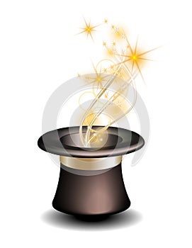 Brown Magic hat with magical gold sparkle trail on white background.