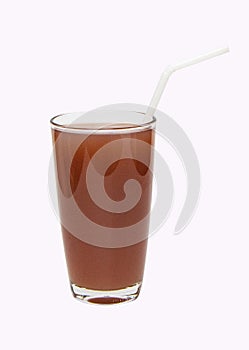 Brown mangosteen juice in tall glass with straw isolated on white background.