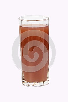 Brown mangosteen juice in tall square glass with straw isolated on white background.