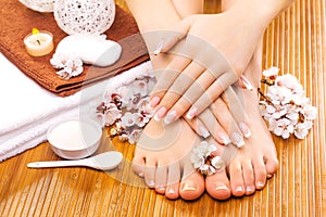 Brown manicure and pedicure on the bamboo photo