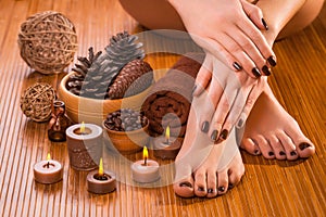 Brown manicure and pedicure on the white