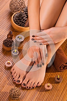 Brown manicure and pedicure on the white