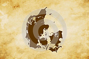 Brown map of Country Denmark isolated on old paper grunge texture background - vector
