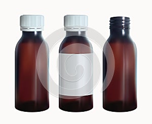 Brown medical bottle with a lable. Vial glass template. Isolated vector.