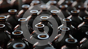 Brown medical vials on a conveyor belt at a drug manufacturing plant.