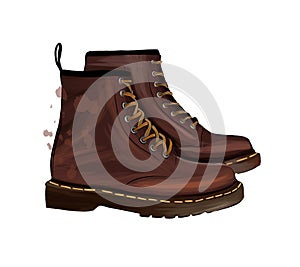 Brown men boots with nubuck leather from multicolored paints. Splash of watercolor, colorful drawing, realistic