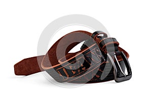 Brown men's leather belt isolated on white background.
