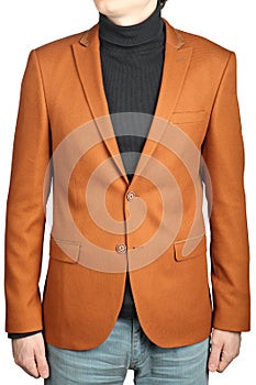 Brown mens suit jacket, male orange-brown blazer with patch. photo