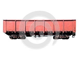 Brown metallic goods wagon or freight wagon isolated on white. Unpowered railway vehicles that are used for the transportation of