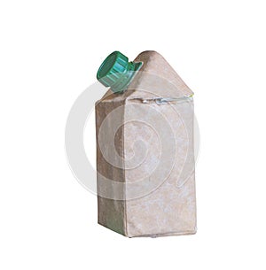 Brown milk carton is crumple isolated on white