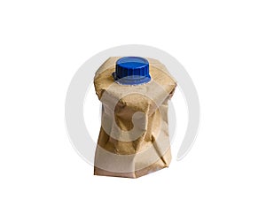Brown milk carton is crumple isolated on white background