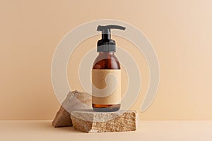 Brown mock-up glass bottle standing on stone podium
