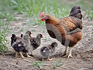 a brown mother hen with her chicks outdoors