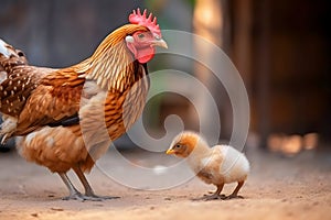 Brown mother hen teaches chick