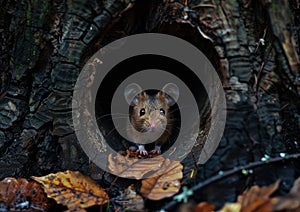 A brown mouse peeks out of a hole in a tree.