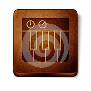 Brown Music synthesizer icon isolated on white background. Electronic piano. Wooden square button. Vector