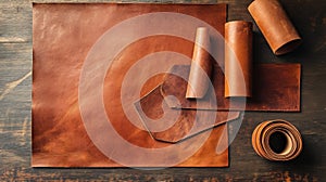 Brown natural leather sheets and rolls on rustic background