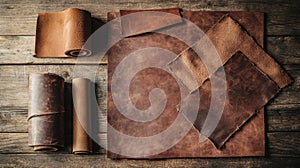 Brown natural leather sheets and rolls on rustic background