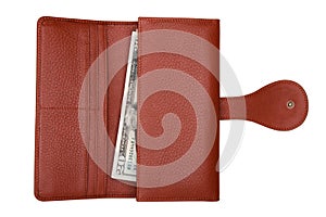 Brown natural leather wallet with money