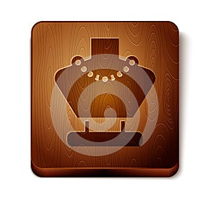 Brown Necklace on mannequin icon isolated on white background. Wooden square button. Vector