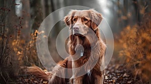 Brown Nova Scotia Duck Tolling Retriver dog sitting, relax and playing in the woods