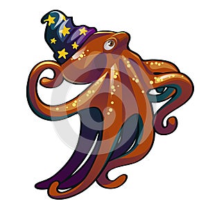 Brown octopus in the hat wizard. Inhabitants of the seas and oceans isolated on white background. Vector cartoon close