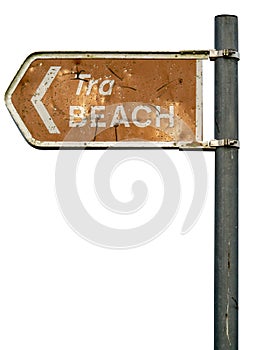 Brown old sign beach on white background.