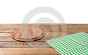 Brown old vintage wooden table with framed checkered tablecloth and pizza cutting board isolated on white background. Thanksgiving