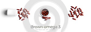 Brown omega 3 capsules isolated on a white background.