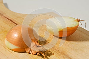 Brown onion or yellow onion or Bombay’s onion cut in half on a wooden cutting board