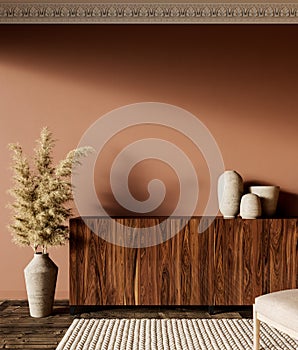 Brown orange interior with dresser and decor. 3d render illustration mock up.