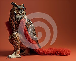 Brown Owl bird in luxury wealthy fancy chic luxurious impeccable Fur feather fabric outfits isolated on bright background