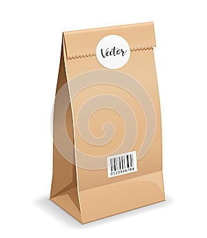Brown paper bag folded, mouth bag there are circle stickers and barcodes, template design
