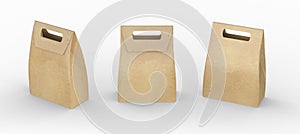 Brown paper bag folded package with handle, clipping path inclu