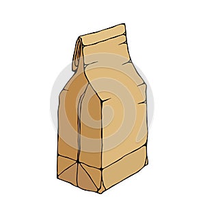 Brown Paper Bag. Package Collection. EPS10 Vector. Hand Drawn Doodle Style Realistic Illustration.