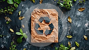 A brown paper bag with a recycle symbol on it surrounded by green leaves, AI